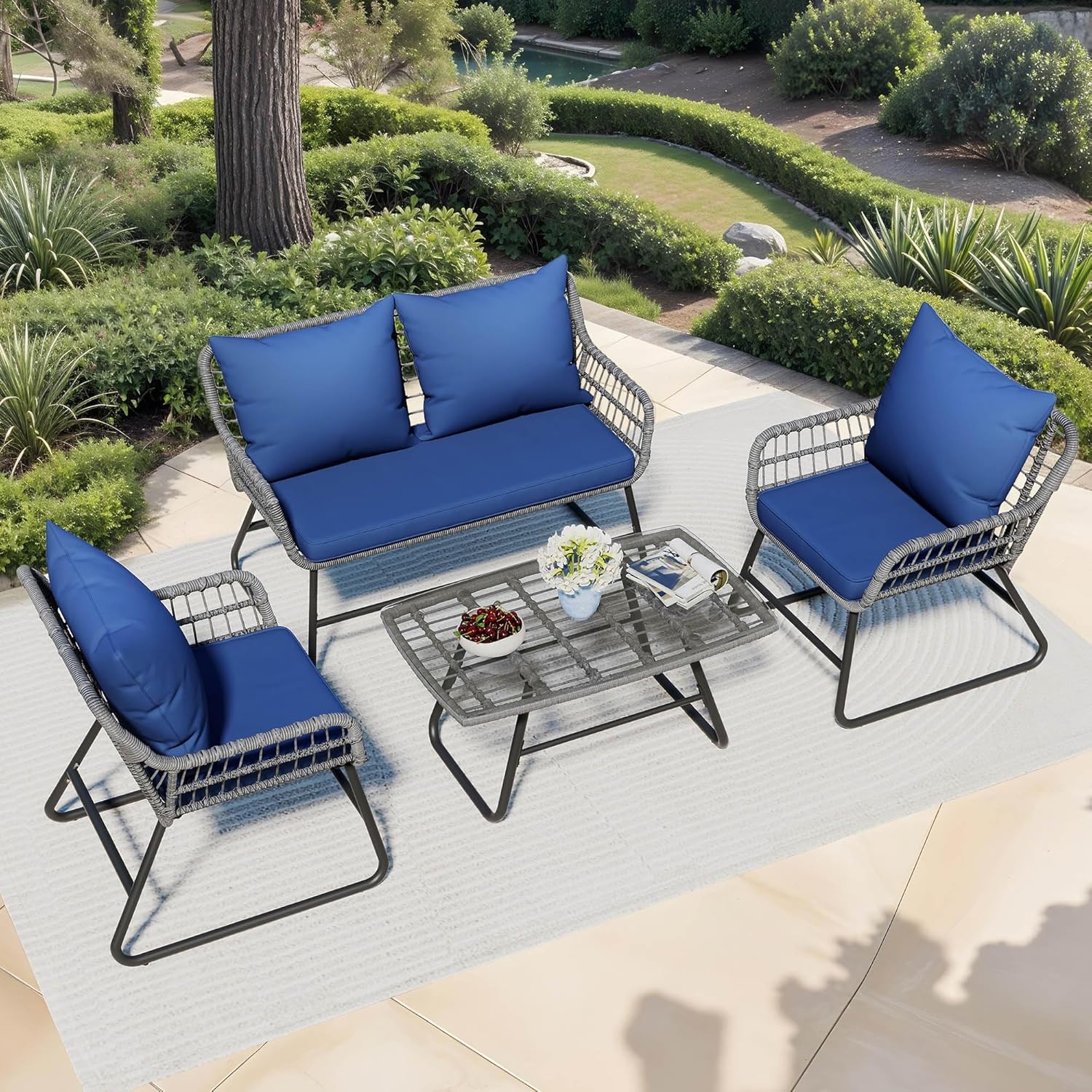 YITAHOME 4 Piece Patio Furniture Set, Wicker Outdoor Bistro Set, All Weather Rattan Patio Conversation Set with Soft Cushions and Glass Side Table for Backyard, Balcony, Deck - Navy Blue