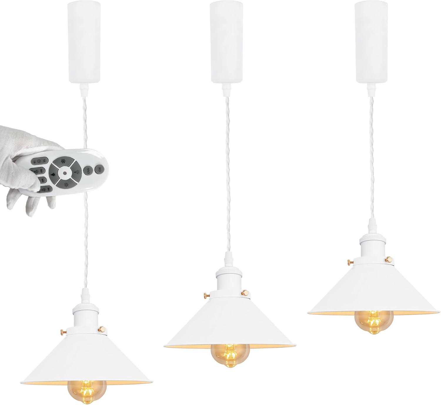 Adjustable Height H Type Track Lighting Pendants White Metal Cone Shade by Remote, Dimmable Color Warmth Bulbs Track Mount Pendant Lights Decorate for Kitchen Island Customizable