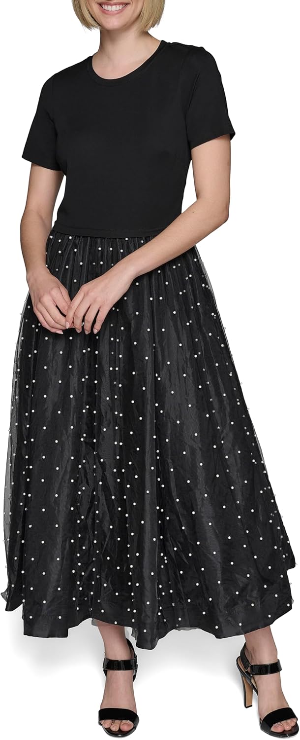 KARL LAGERFELD Womens Pearl Mesh Short Sleeve Round Neck Midi Dress