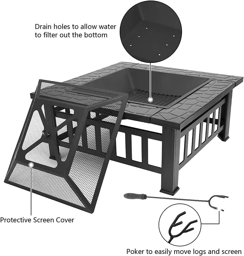 Outdoor Fire Pits BBQ, Backyard Firepit Table, Patio Garden Stove Wood Burning Fireplace, Spark Screen Cover, Poker, Rain Cover