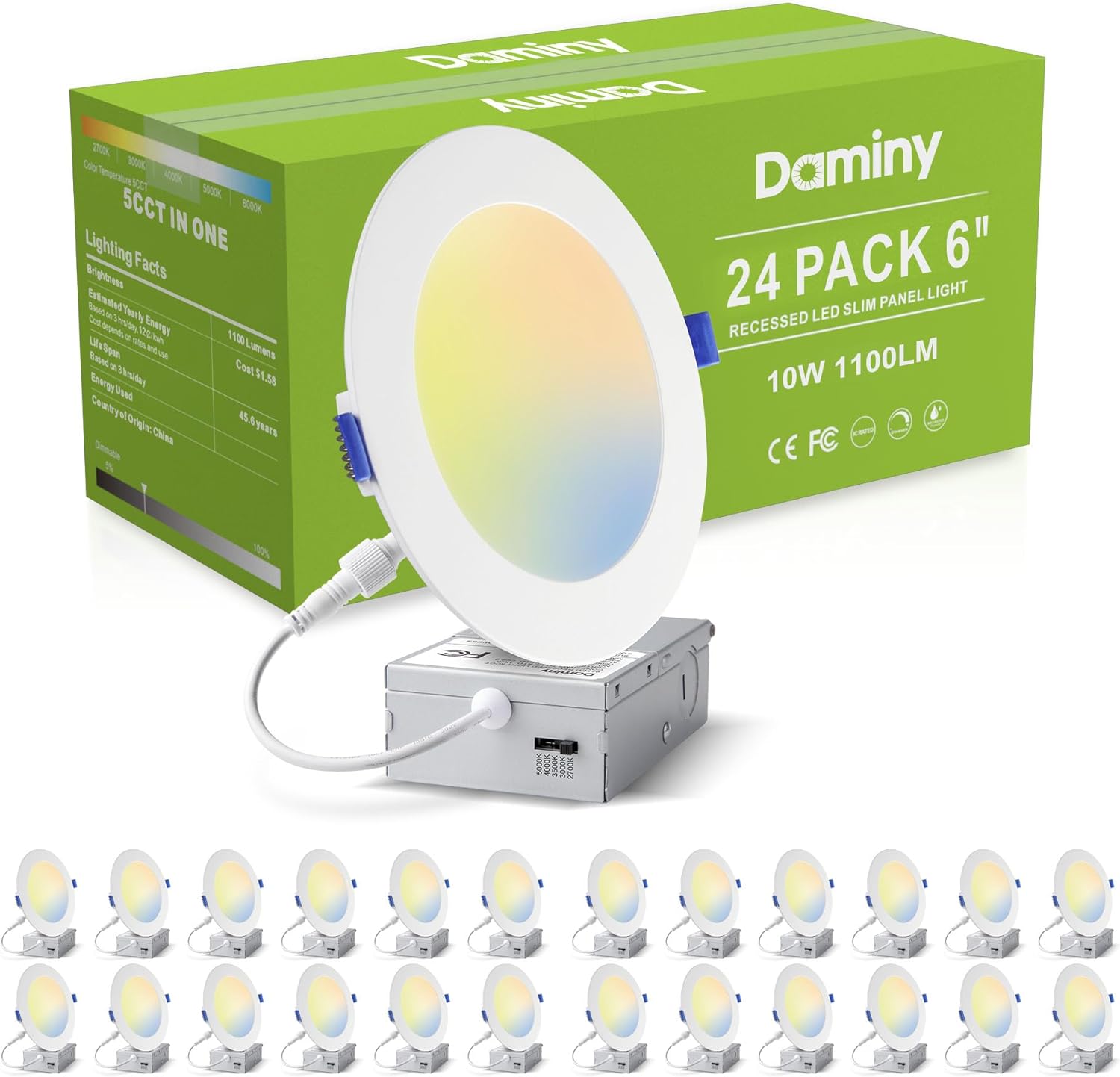 DAMINY 24 Pack 6 Inch LED Recessed Lighting with Junction Box,5CCT,Ultra-Thin Recessed Light,10W 1100LM, Dimmable Canless Wafer Ceiling Light, High Brightness