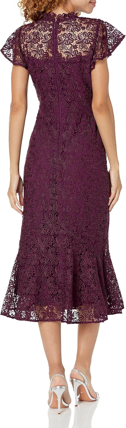 Shoshanna Womens Shoshanna Lea Flutter Sleeve Plum Lace Midi Dress
