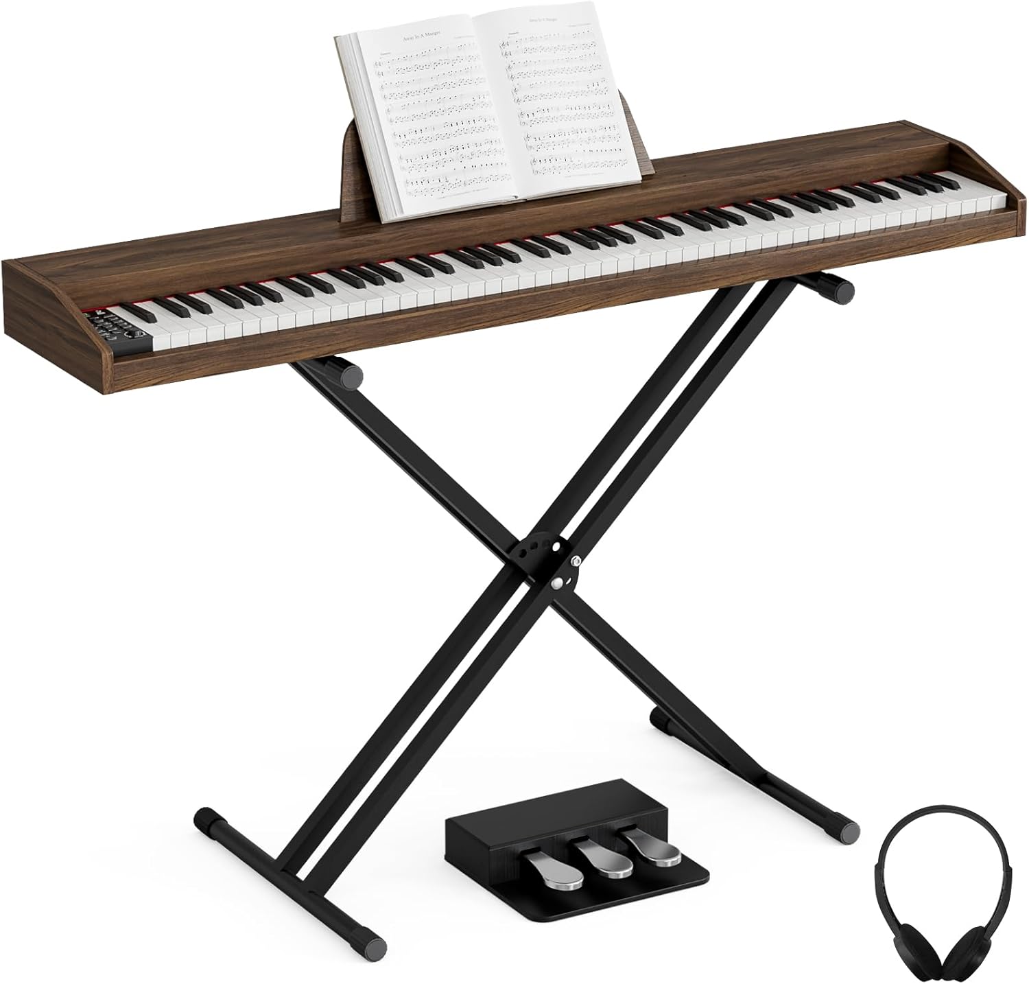 UMOMO 88 Key Digital Piano Keyboard with Piano X Stand, Full Size Electric Piano with Headphone, 3 Pedal, Electronic Piano, Walnut