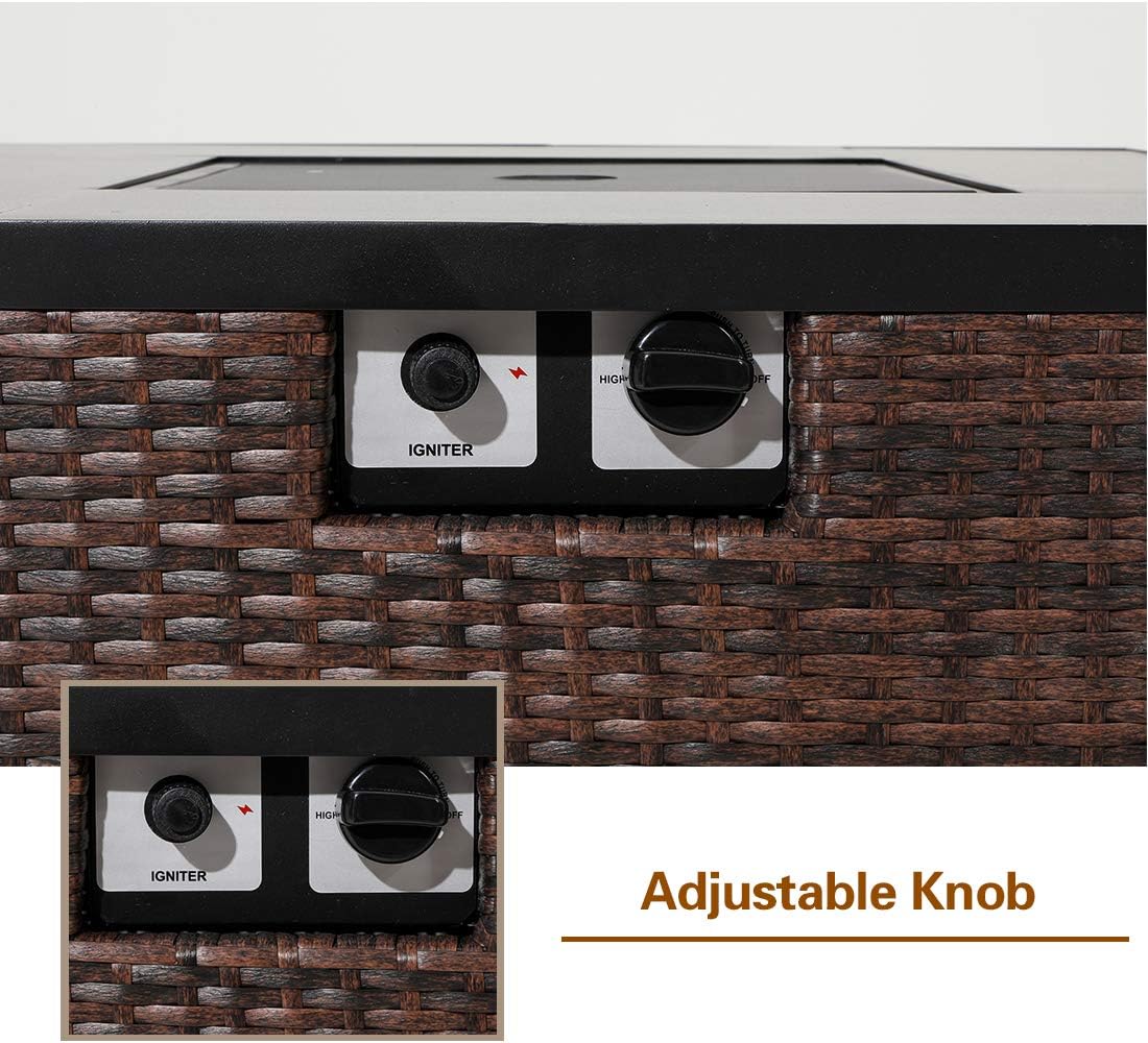 AQUILLA Outdoor 5 Pieces Patio Furniture, 32-inch 40000 BTU Square Wicker Fire Table w Wind Guard Glass for Garden