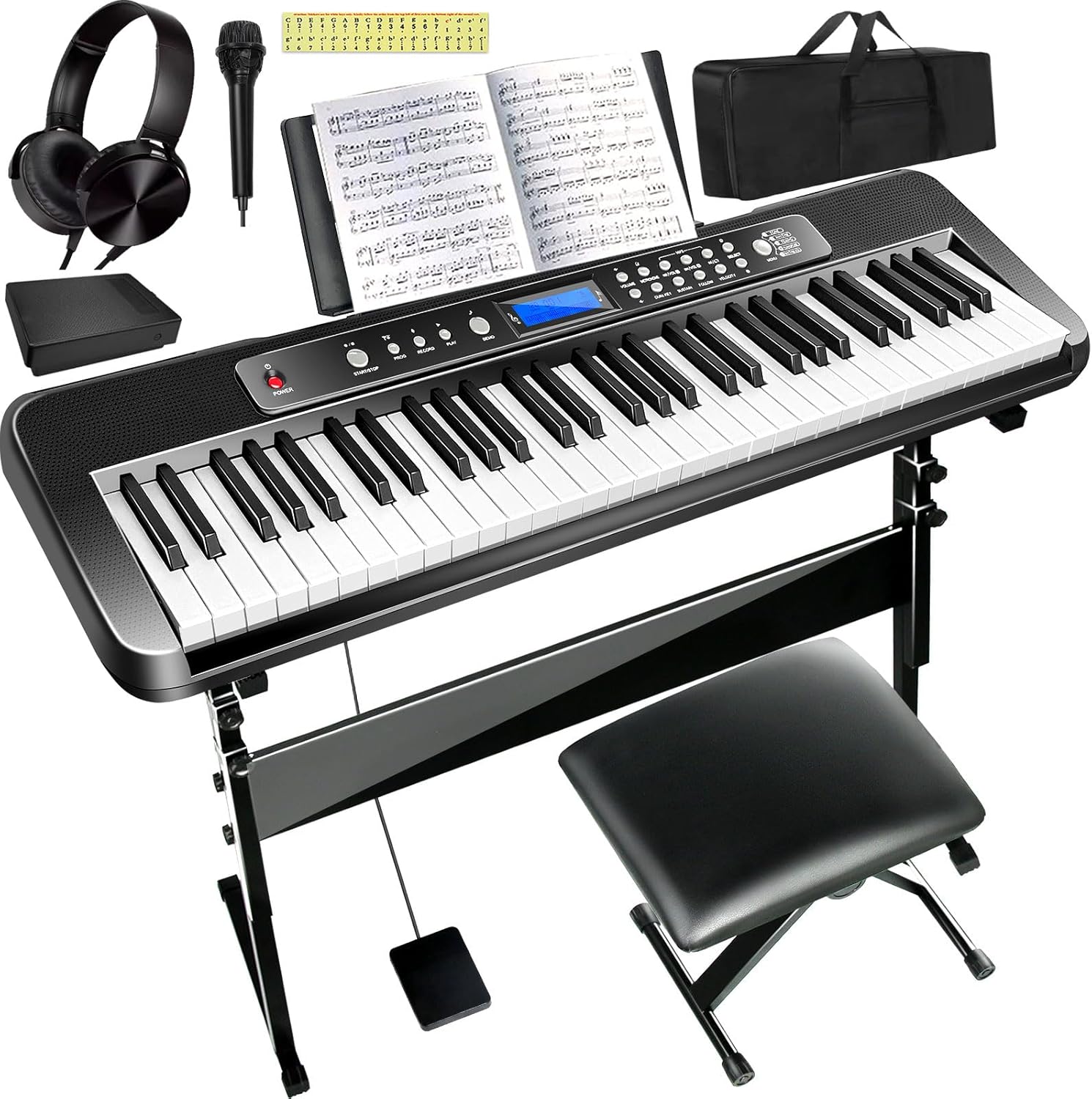 AQNIEGEP Pro 61-Key Electric Keyboard Piano w/LCD & Sustain Pedal, Full-Size Studio Keyboard w/Stand, Bench, Headphones, Mic, 200 Timbres/Rhythms, 80 Songs, Professional Piano Keyboard for All Levels
