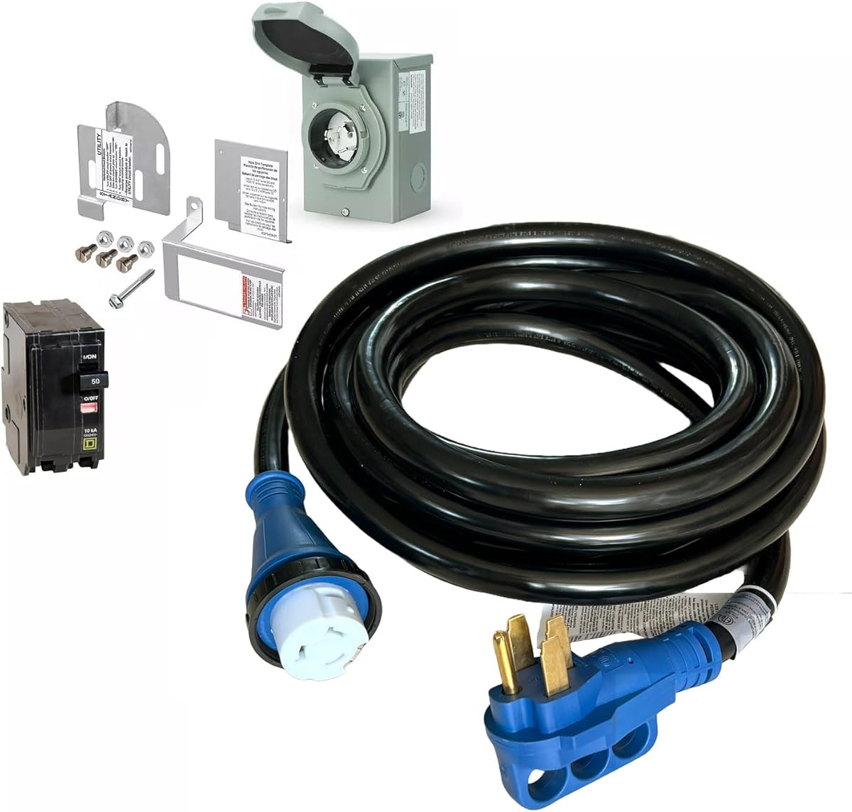 50 Amp Generator Hook-up Kit for Square D 150/200/225 Amp Load Center, 25 Ft Power Cord, Power Inlet Box, Interlock Kit (for QO Panel)