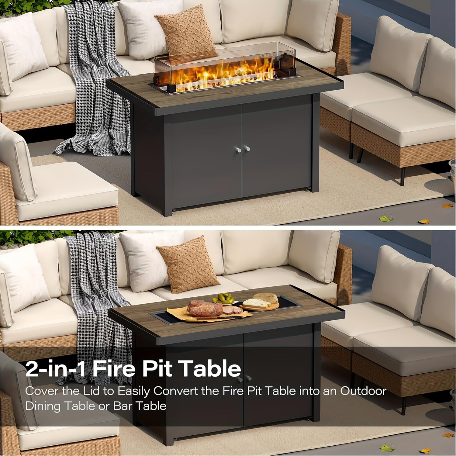 Propane Fire Pit Table with Lid, 55, 000 BTU Gas Fire Pits for Outside Patio with Glass Wind Guard, Gray Glass Beads (Black, 43-inch)