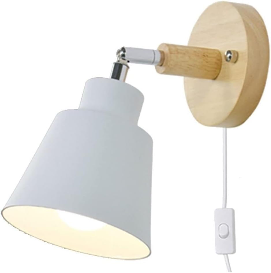 Wall Sconces Nordic Minimalist Rotation Wall Lamp Wood Metal Plug in Wall Sconces W/Switch Wall Mounted Lighting Fixture for Kids Bedroom Bedside Reading Living Room(White)