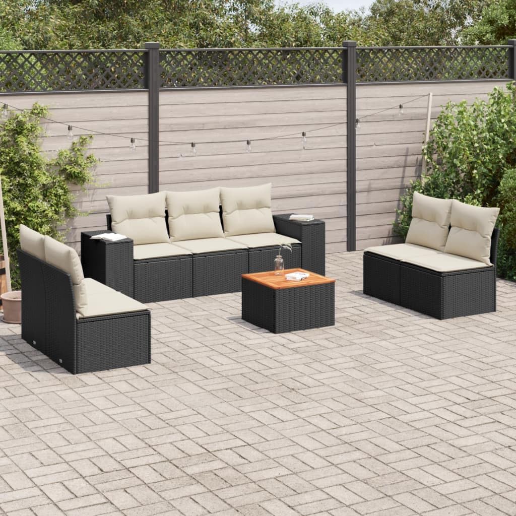 8-Piece Modular Garden Sofa Set, Black Synthetic Poly Rattan Outdoor Patio Furniture, Comfortable Seating for 8, Balcony Dining Table and Chairs