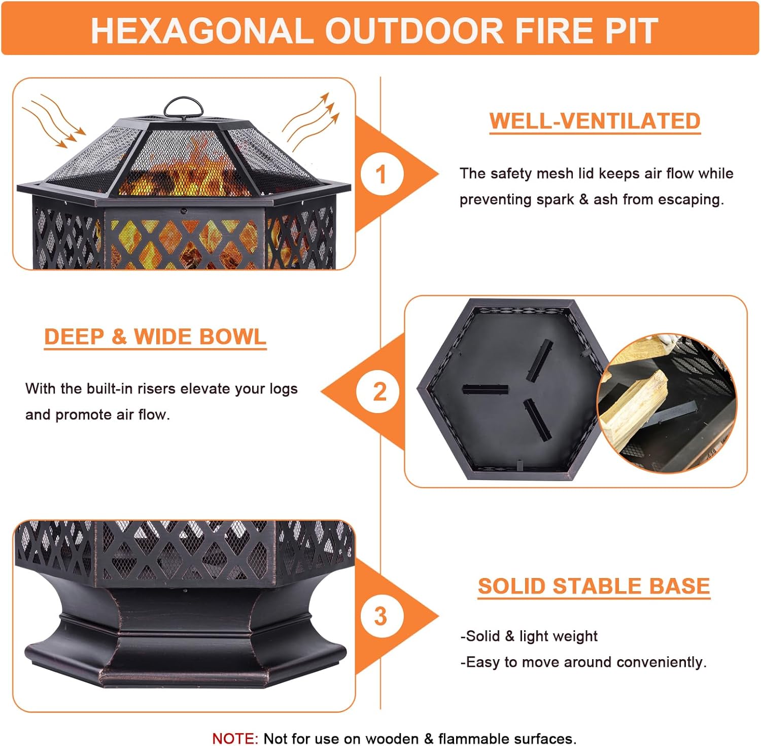 28Inch Outdoor Fire Pit, Hexagon Shaped Wood Burning Firepit for Outside Bonfire, Patio, Backyard and Camping (Antique Bronze)