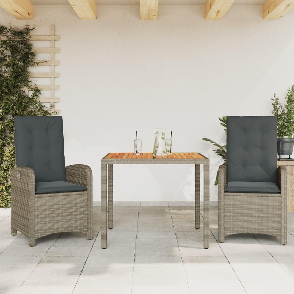 3 Piece Patio Dining Set with Cushions Gray Poly Rattan,Adjustable Reclining Garden Dining Set PE Rattan Outdoor Furniture with Glass Tabletop Furniture Sets for Patio, Lawn & Garden