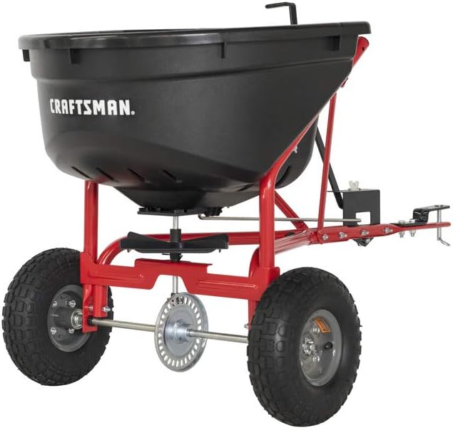 Craftsman CMXGZBF7124571, 110lb Capacity Tow-Behind Lawn Broadcast Spreader, Approximately Coverage of 1/3rd Acre (17,500 sq. ft.), 10-Ft Spread Width, Steel Rod Flow Control, Universal Hitch