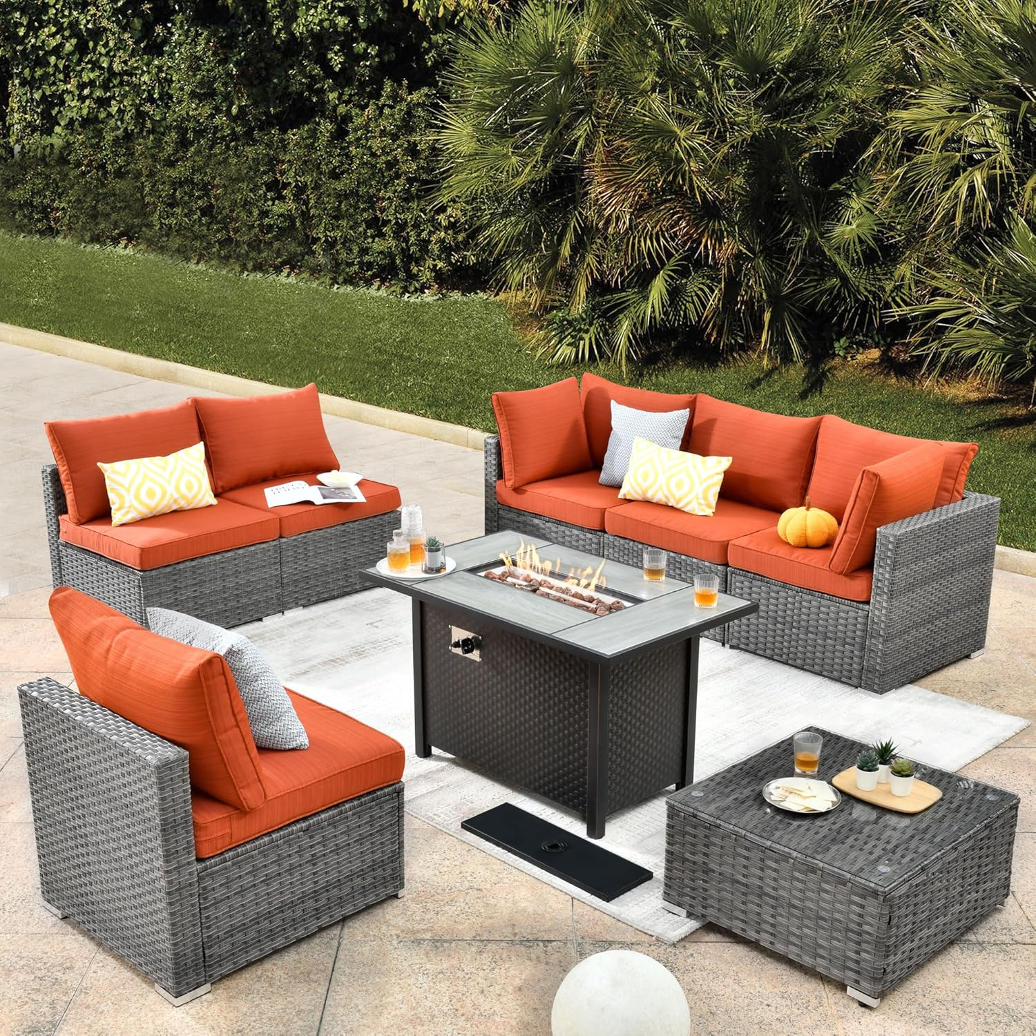 8 Pieces Outdoor Patio Furniture Sets,Rattan Conversation Sectional Set,Manual Weaving Wicker Patio Sofa with fire Pit
