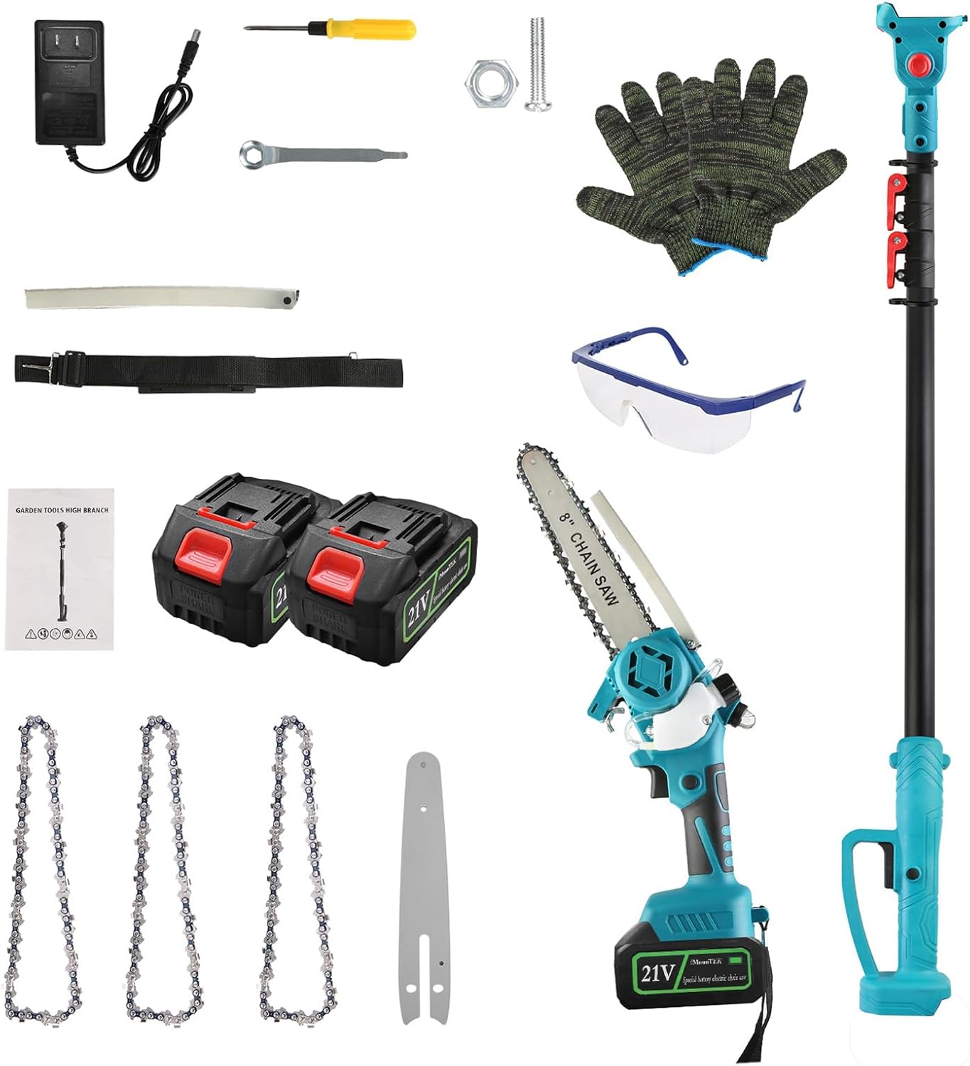 2-IN-1 Cordless Pole Saw & Mini Chainsaw, 21V 3.0Ah Battery Powered Chain Saw, 8-Inch Brushless Electric Pole Saws Auto Oiling, 13 FT Max Reach Pole Saws for Tree Trimming