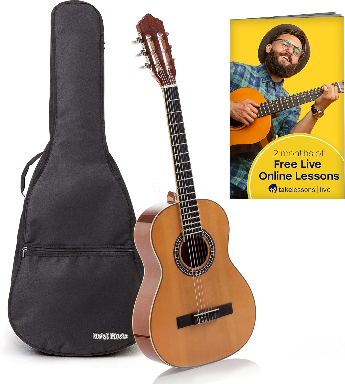 Classical Guitar with Soft Nylon Strings by Hola! Music, Junior 3/4 Size 36 Inch Wooden Guitar, Natural Gloss Finish - FREE Padded Gig Bag Included