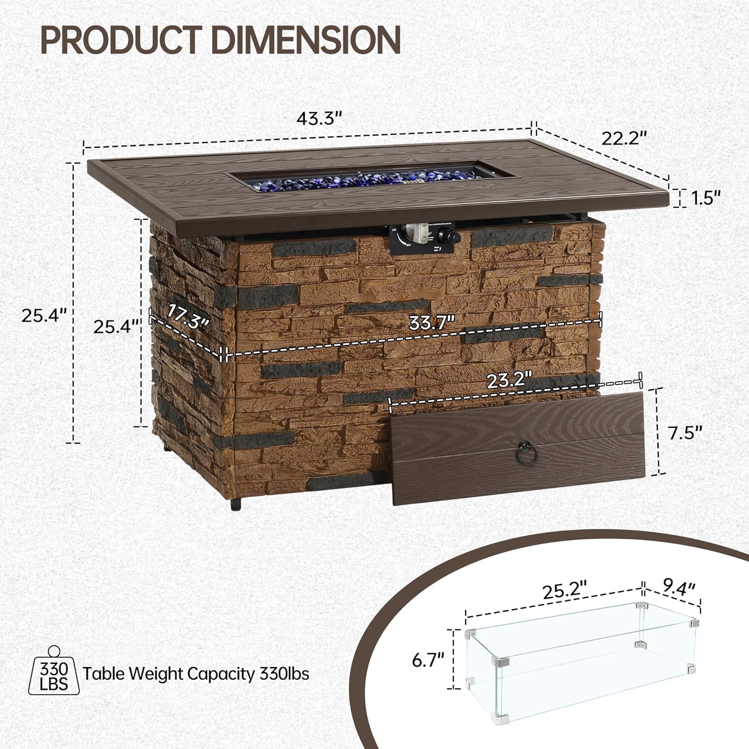 PIZZELLO 43 Inch Propane Fire Pit Table Outdoor Stone Firepit Rectangular 50000 BTU Propane Fire Tables for Outside Patio with Wind Guard, Table Lid, Fire Beads, Cover, Pizzello Caldo (Brown)