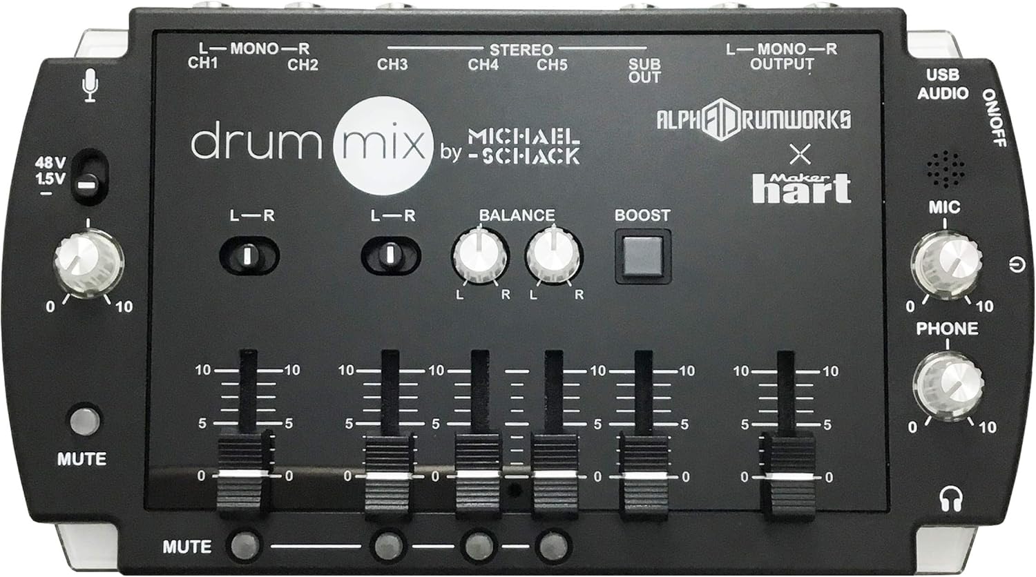Maker hart Drum Mixer Compact 6 Ch Multitrack Audio IN/3.5mm Stereo/6.3mm Mono L/R/Mic IN/USB Audio out/Build in MIC