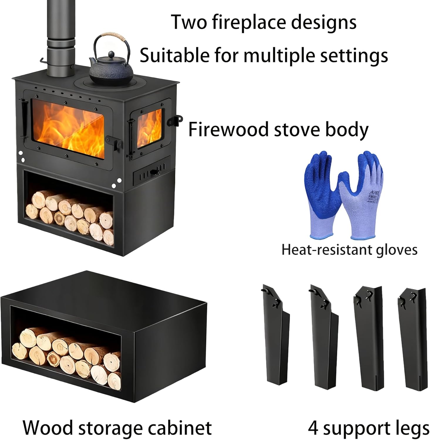 Wood Burning Stove with Legs, Black Steel, Includes Firewood Storage Rack and Fireplace Poker, Multi-View Glass Door,Heating coverage for 200–750 square feet