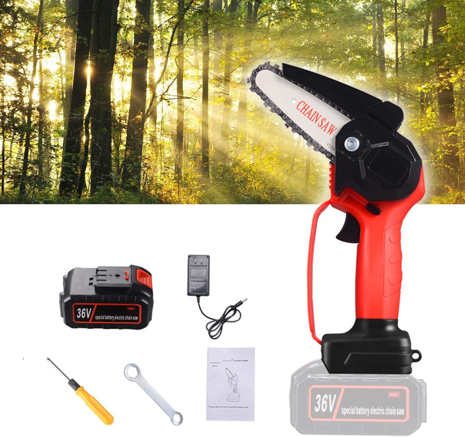36V Cordless Mini Chainsaw Battery Powered Kit,Mini Chainsaw 4-Inch withSecurity Lock,with Battery and Charger,Handheld Chainsaw for Tree Trimming Wood Cutting ( Color : Red , Battery *1 : US plug )