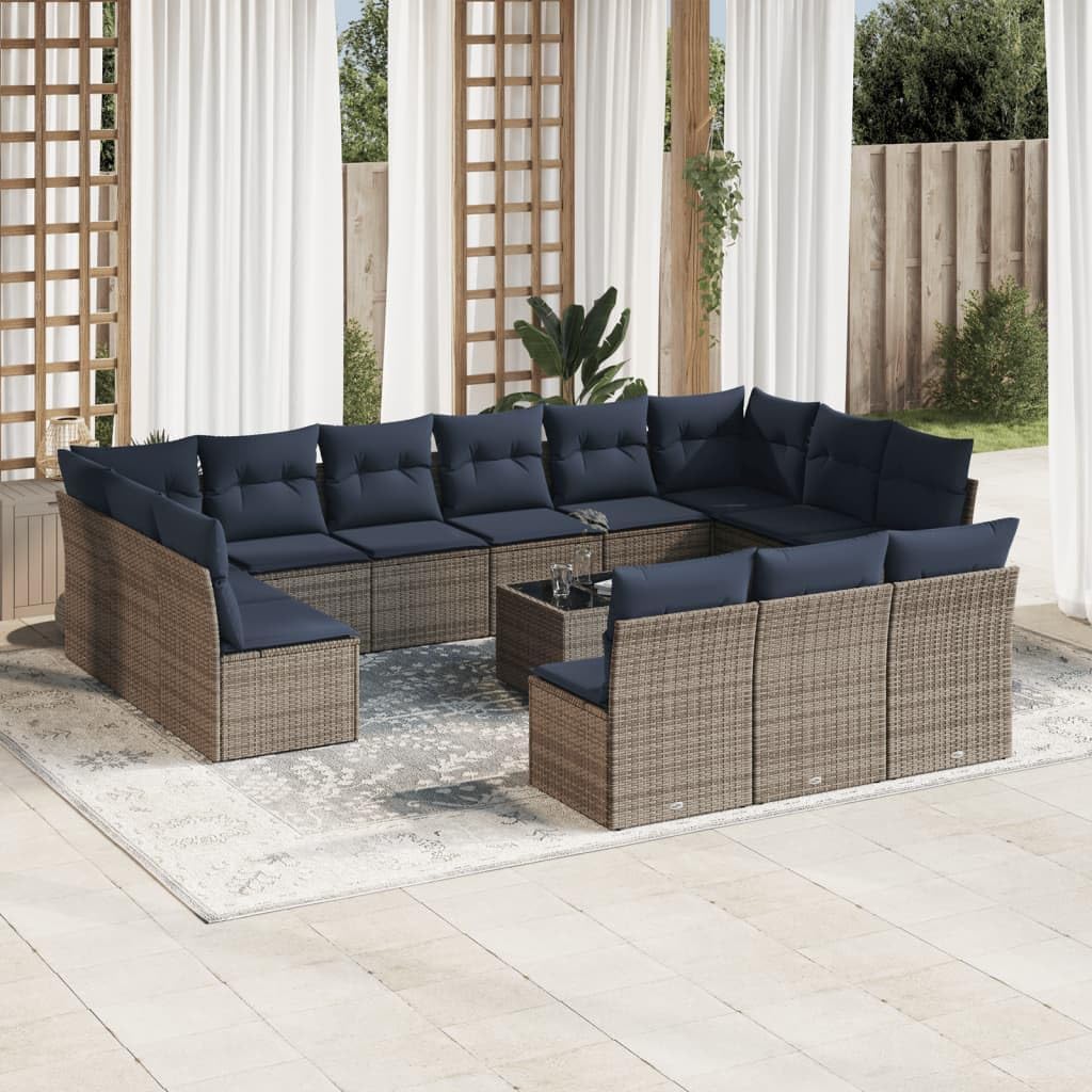 14 Piece Patio Sofa Set with Cushions, Gray Poly Rattan Outdoor Furniture, Modular Sectional Seating for Backyard, Terrace, Balcony