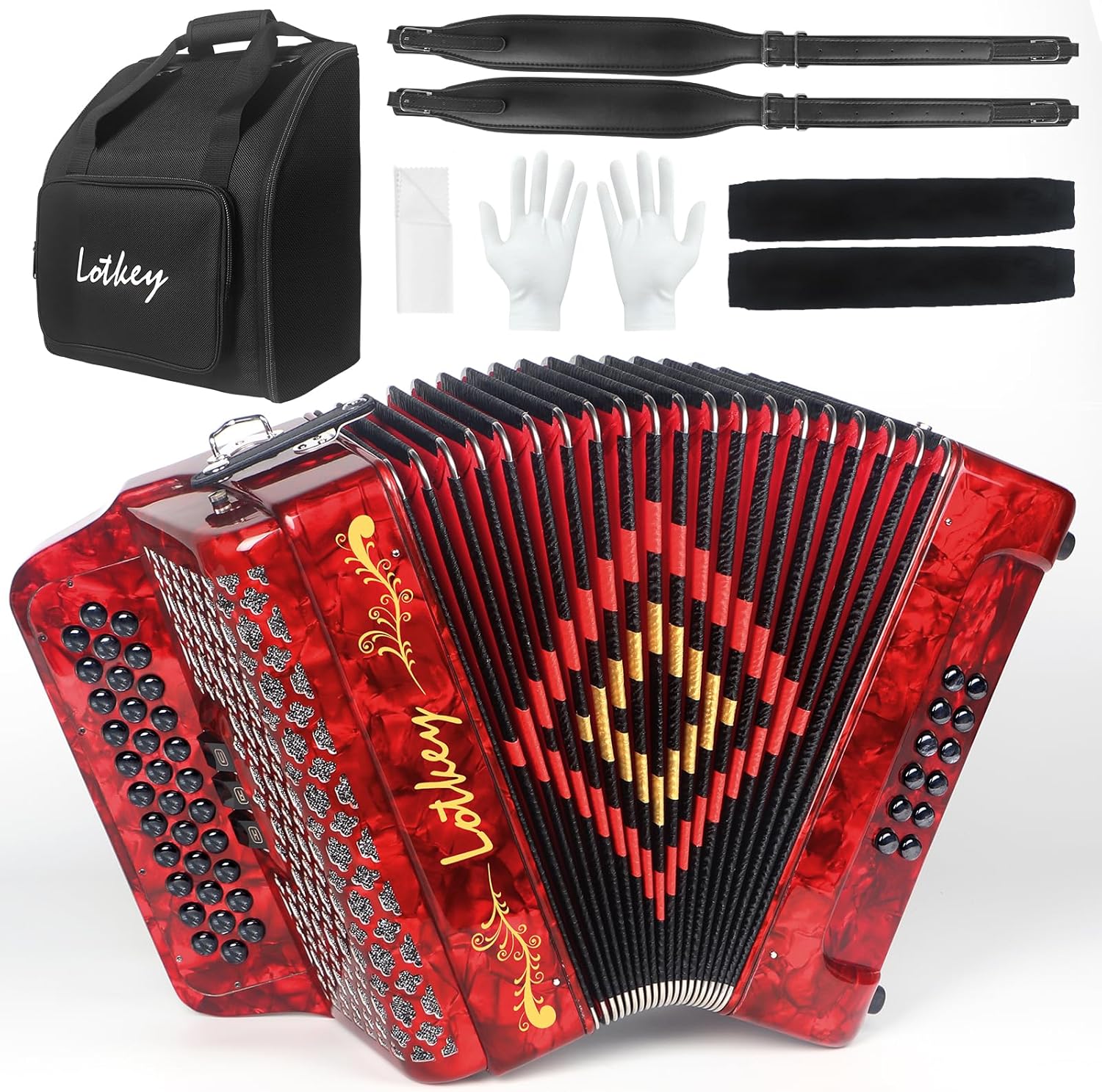 Lotkey 34 Key Diatonic Accordion, 3412 Multi Tone Celluloid Accordions Louder Clearer Timbre than Plastic for Adult, Beginner, Professional with Updated Bag, Straps, Acordeón Wrist Guard (FBE Red)