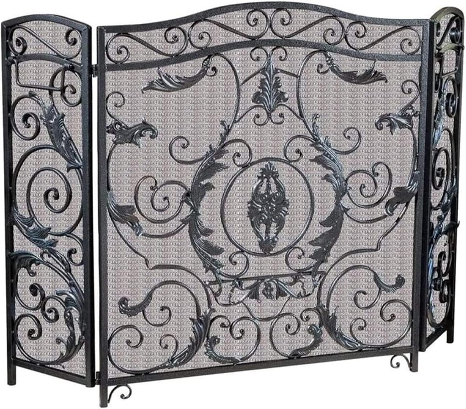 Large Black 3-Panel Screen Fire Guard for Stove & Fireplace - Decorative Mesh Safety Barrier with Elegant Scroll Design, Spark Protection for Home & Patio