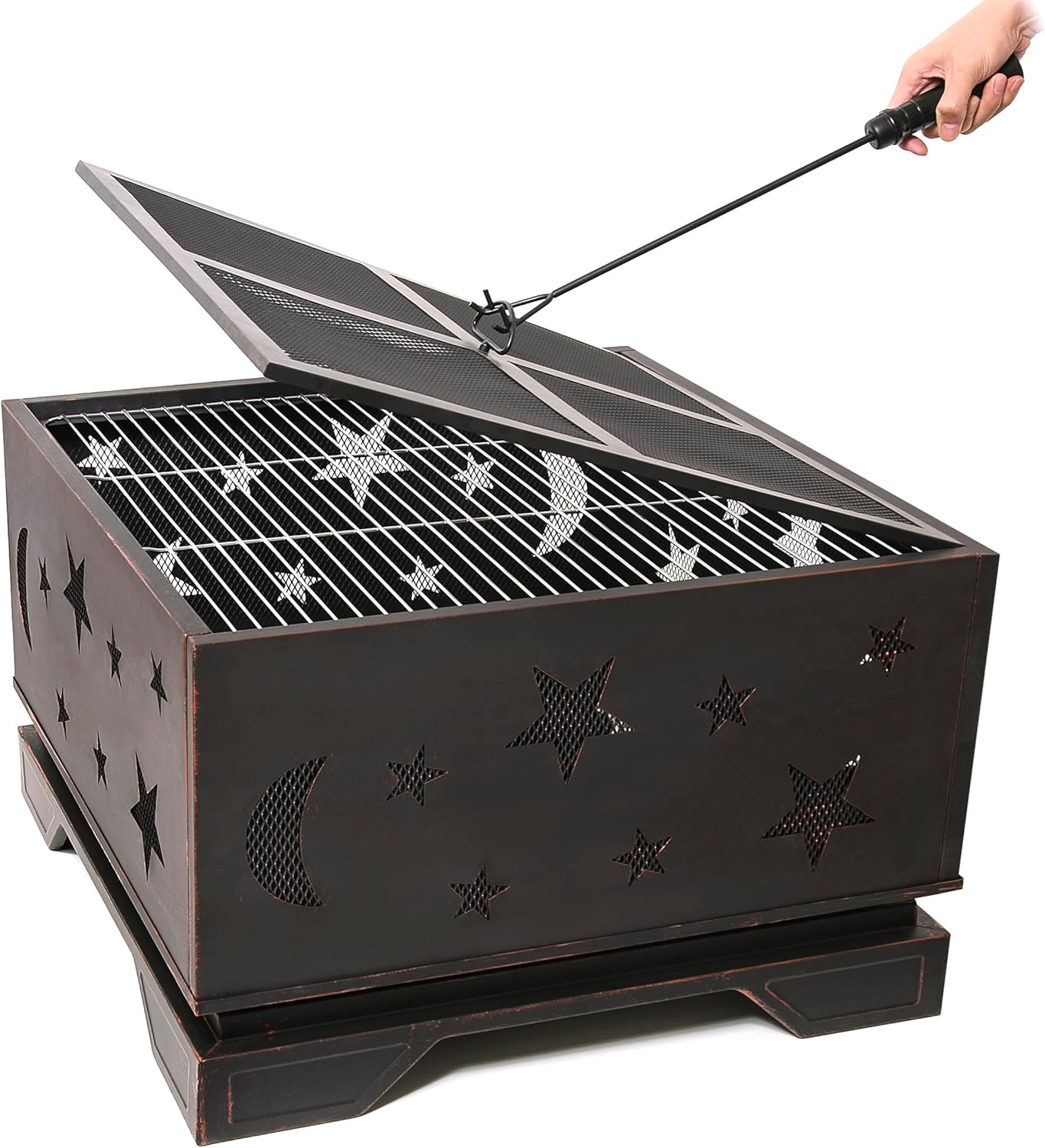 26 Inch Square Fire Pit with BBQ Grill, Outdoor Wood Burning Firepit with Poker, Large Burning Space Fireplace for Patio GCamping Backyard Picnic Bonfire
