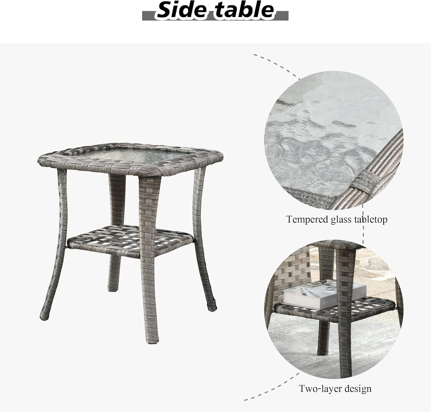 HOOOWOOO Small Square Patio Side Table with Glass Top and 2 Layers Storage