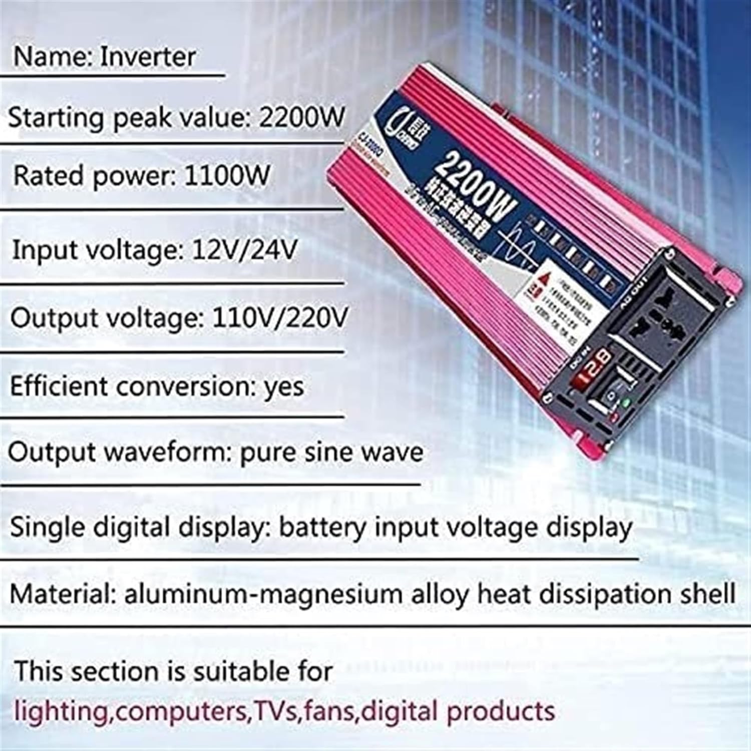 Pure Sine Wave Power Inverter 1600W 2200W 3000W DC 12v 24v 48v 60v to AC 110V/220V Converter with LCD Display and Outlets AC outlets for RV Truck Car 1600W-24Vto110V(60vto110v,3000W)