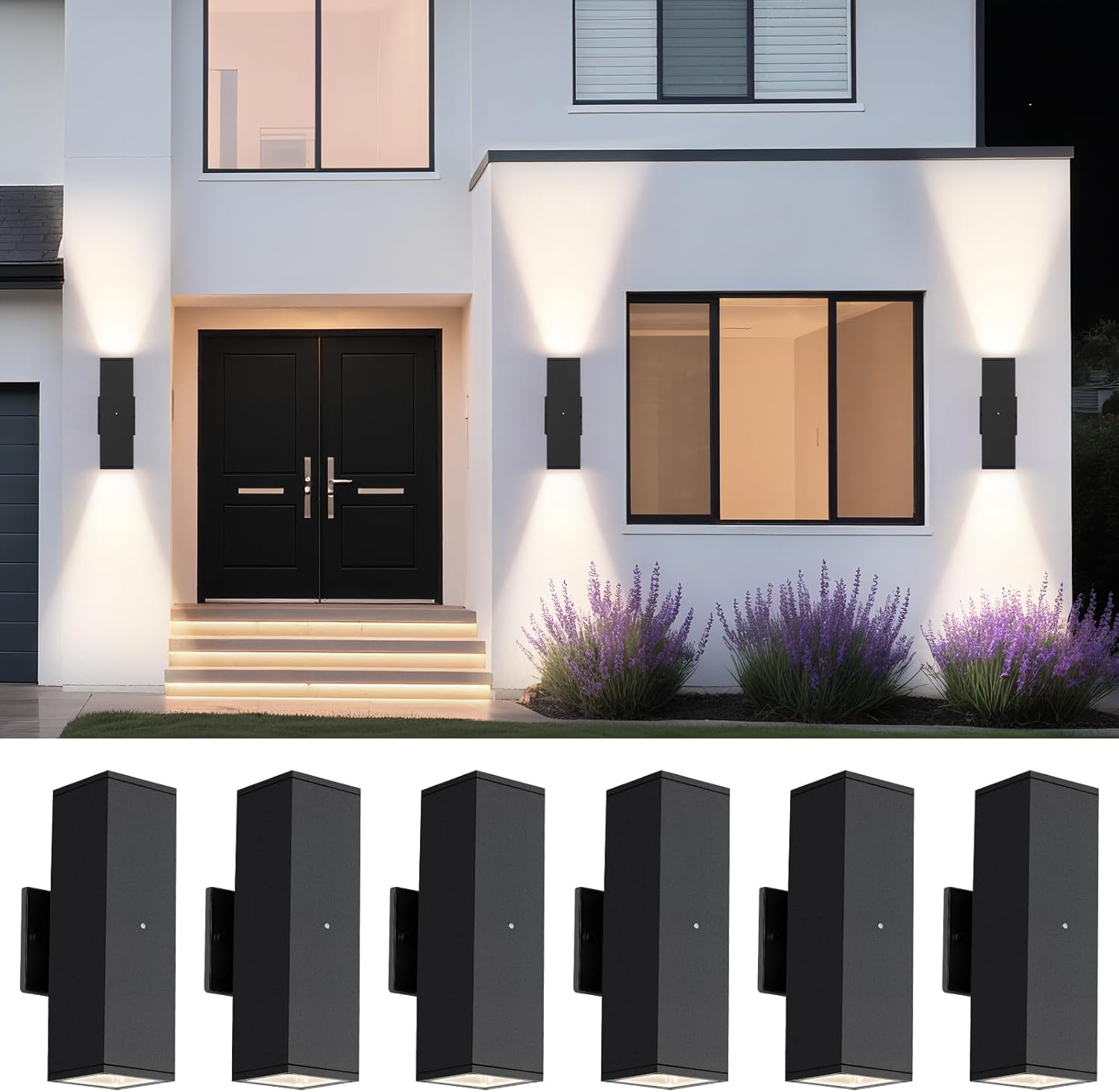 Dusk to Dawn Outdoor Lighting, LED Square Up and Down Outdoor Sconce Lights, Matte Black Exterior Lighting Fixtures with 7W LED Bulbs, Front Porch Lights for house, Garage, Patio, Doorway, 6 Pack