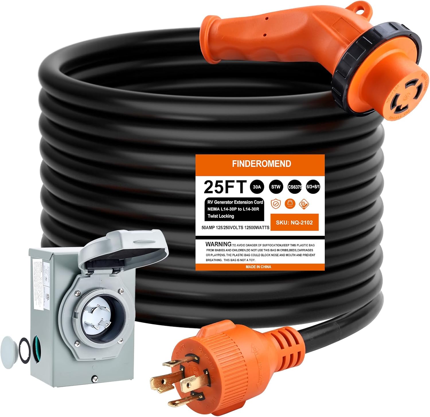 Finderomend 25ft 30 Amp Generator Cord and 30 Amp Generator Inlet Box Kit, NEMA L14-30P to L14-30R Twist Lock Cord Plug for Outdoor Use,ETL Listed