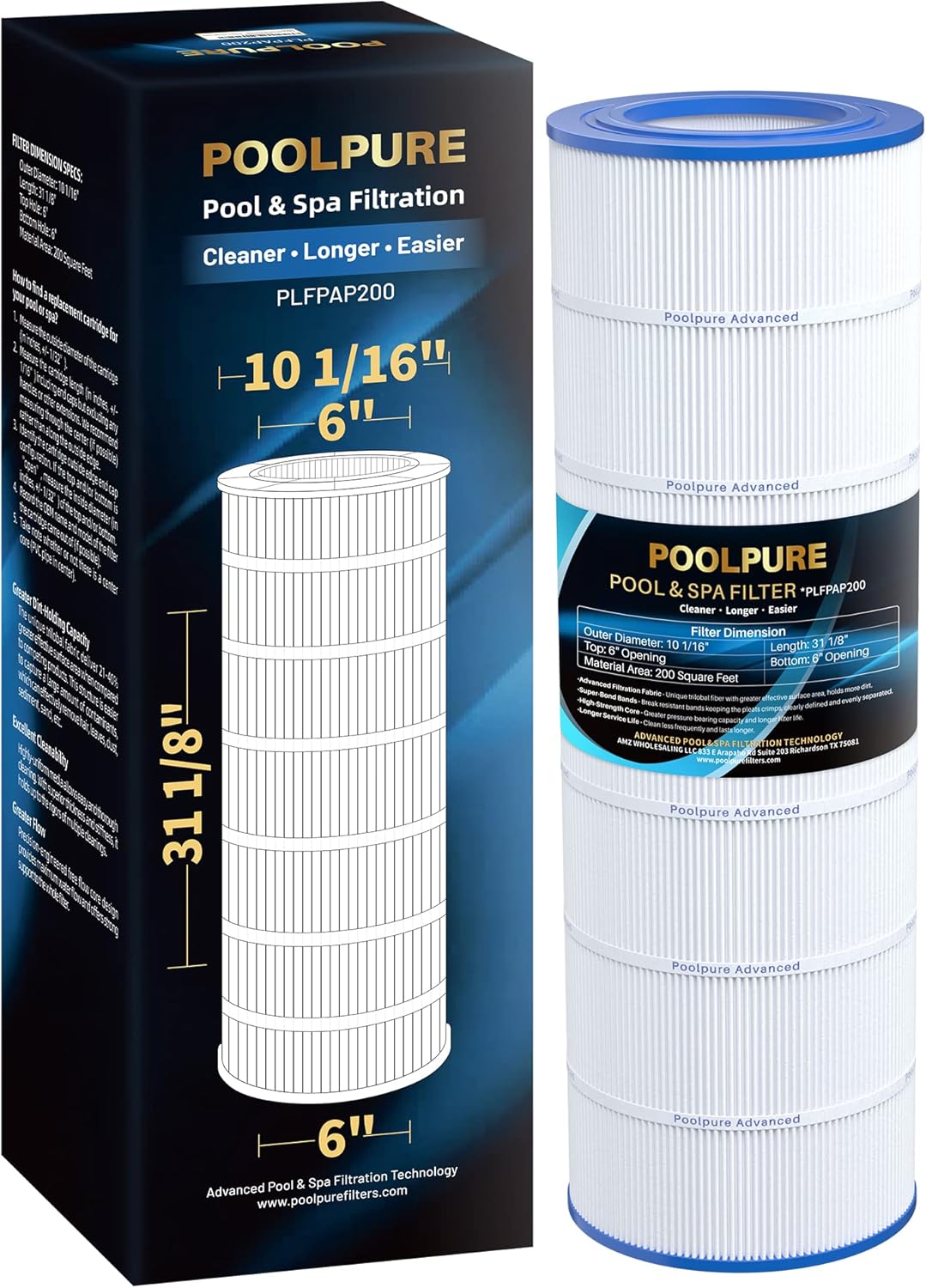 POOLPURE PAP200 Pool Filter Replaces Pentair Clean and Clear 200, CC200, Unicel C-9419, Ultral-C5, PP-C5, Filbur FC-0688, R173217, 59054400, Aladdin 29902, Baleen AK-8005, 200 sq.ft Cartridge, 1 Pack