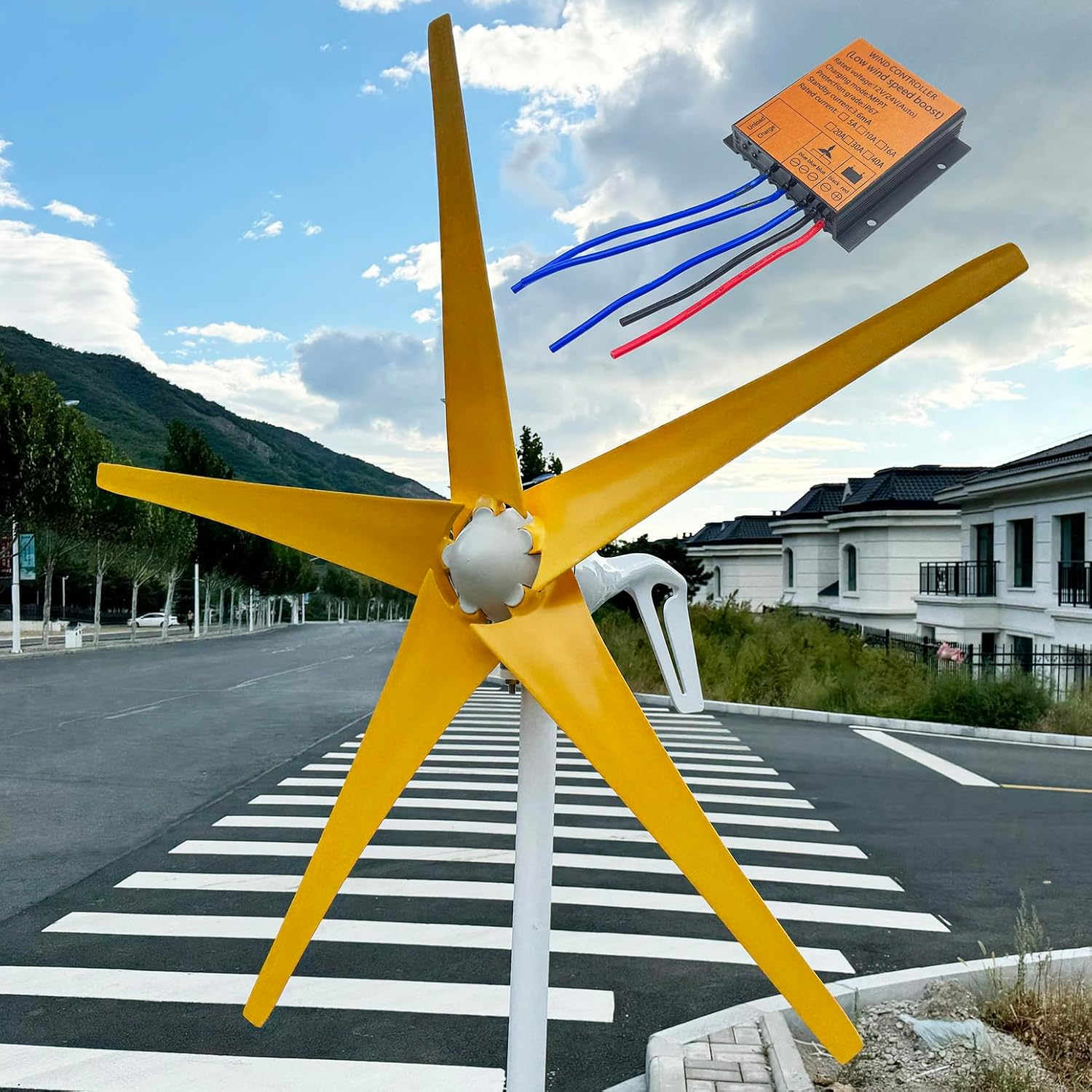 800W-1200W Wind Turbines Generator 12V / 24V / 48V Wind Generator with MPPT Controller and 5 Yellow Blades, Rated Wind Speed 13m/s, Windmill Generator Suit for Outdoors Garden Home,1200w,24V