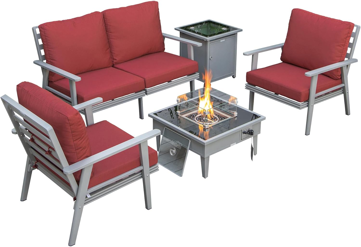 LeisureMod Walbrooke Modern Aluminum 5-Piece Patio Conversation Set with Outdoor Square Fire Pit Table & Side Table Tank Holder (Red)