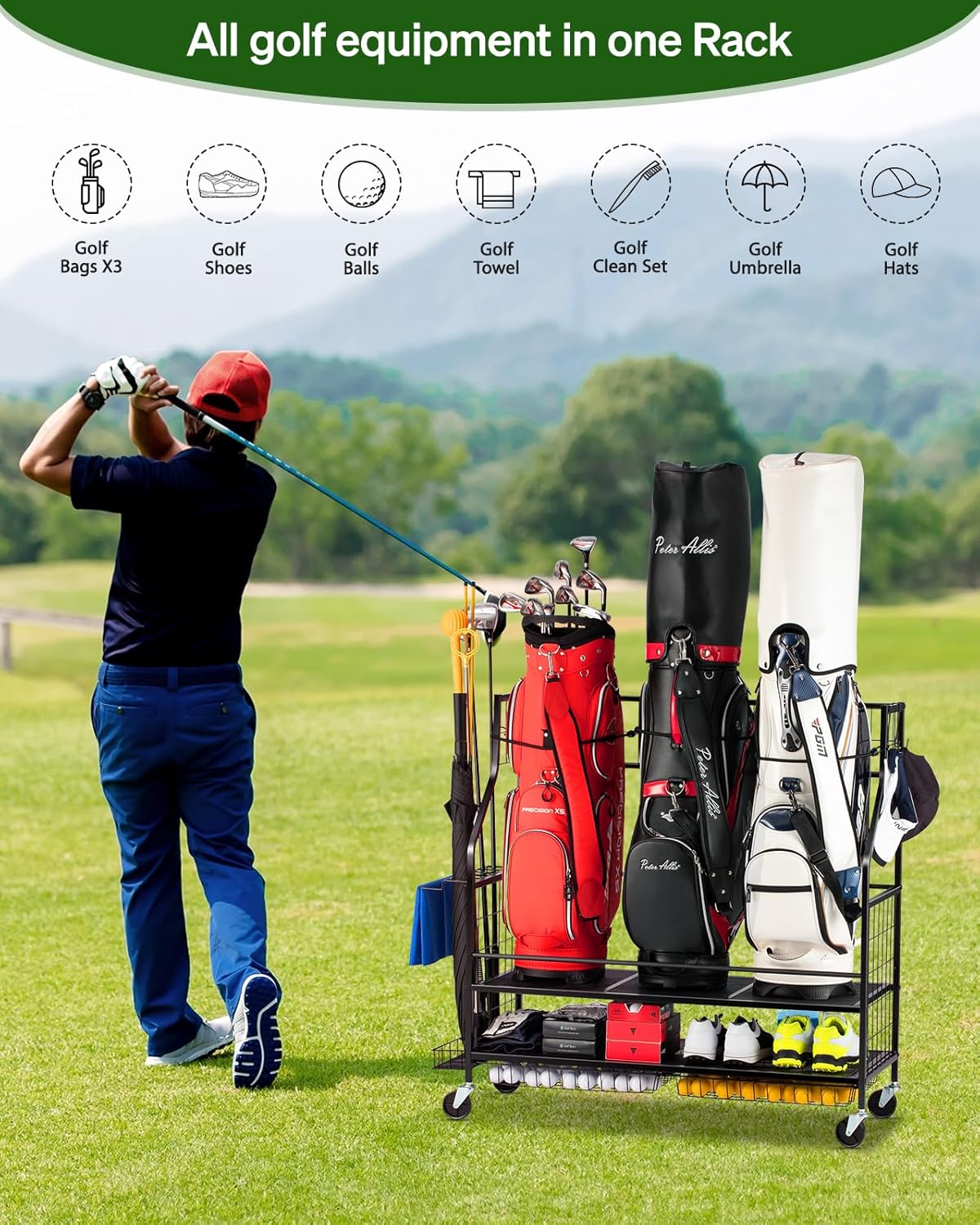 Golf Bag Storage Garage Organizer- Golf Bag Stand Fit for Golf Bags, Golf Clubs, Golf Balls, Golf Equipment Accessories, Golf Bag Storage Rack with Wheels for Garage