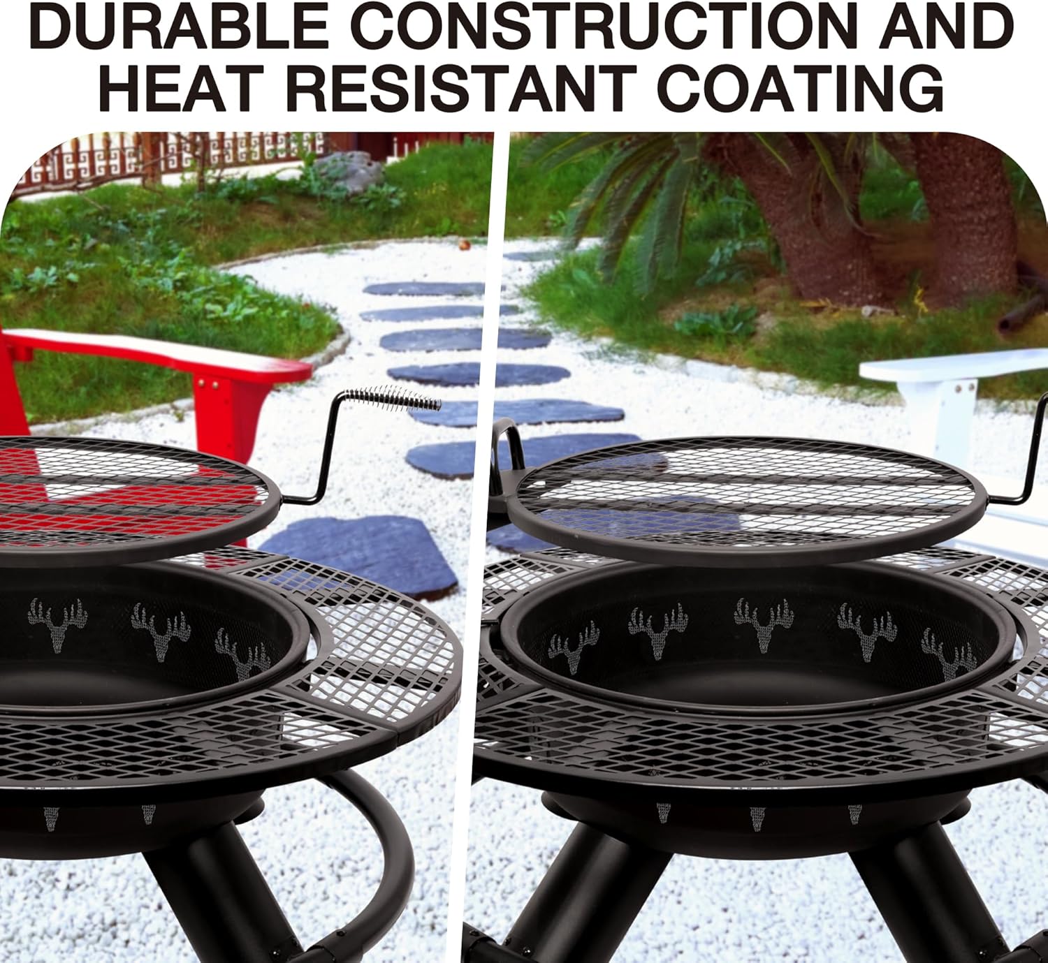 Bestier 47 inch Outdoor Fire Pit with Grill, Wood Burning Firepit,for Family Camping, Backyard, Bonfire Patio Picnic BBQ - Deer Head Style