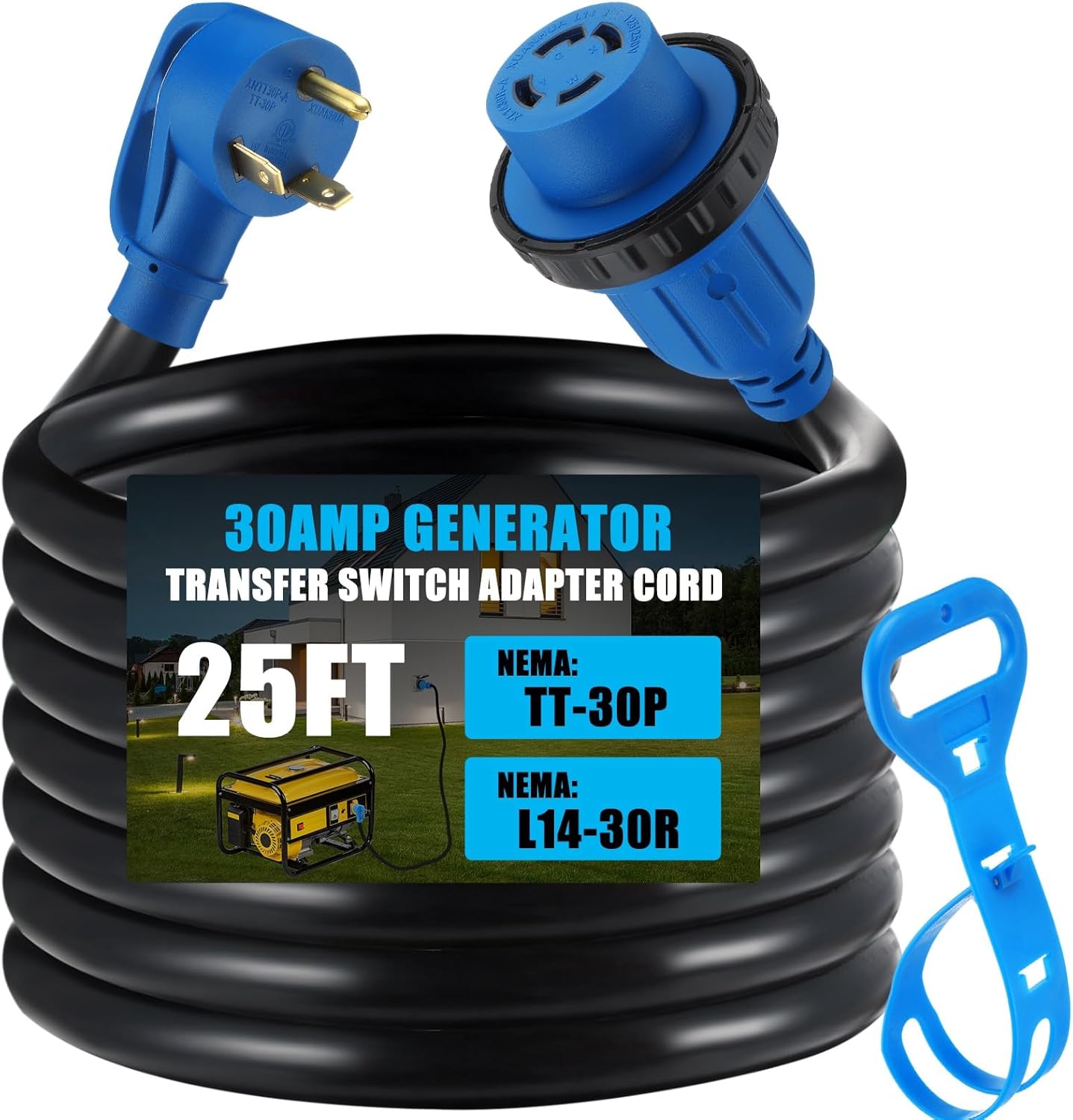 25 ft TT-30P to L14-30R Generator Transfer Switch Adapter Cord, 30 Amp TT-30P Male to L14-30R Female with Locking Ring Generator to House Inlet Box Adapter, STW 10 AWG, ETL Listed