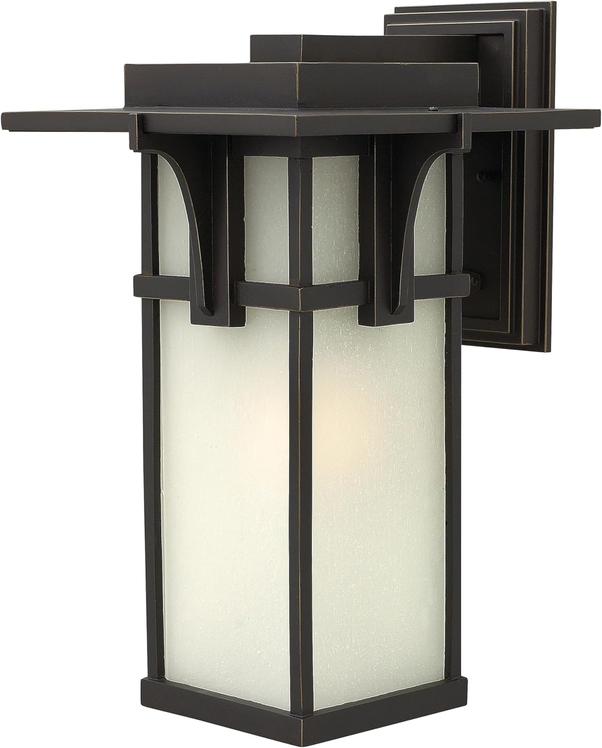 Hinkley Manhattan Medium Wall Mount Outdoor Lantern - Craftsman Style, 1-Light, Aluminum, Etched Seedy Glass - Oil Rubbed Bronze Finish