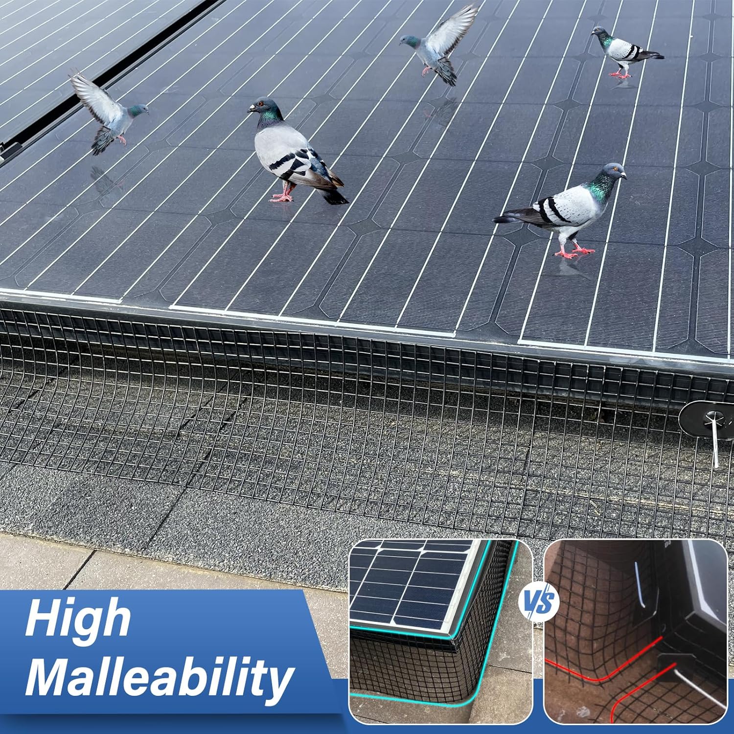 Solar Panel Bird Guard,8in x 100ft Critter Guard Galvanized PVC Coated Mesh Roll Kit,Black Pigeon Solar Panel Mesh with 70 Fastener Clips, ½ inch Wire Critter Guard for Solar Panels