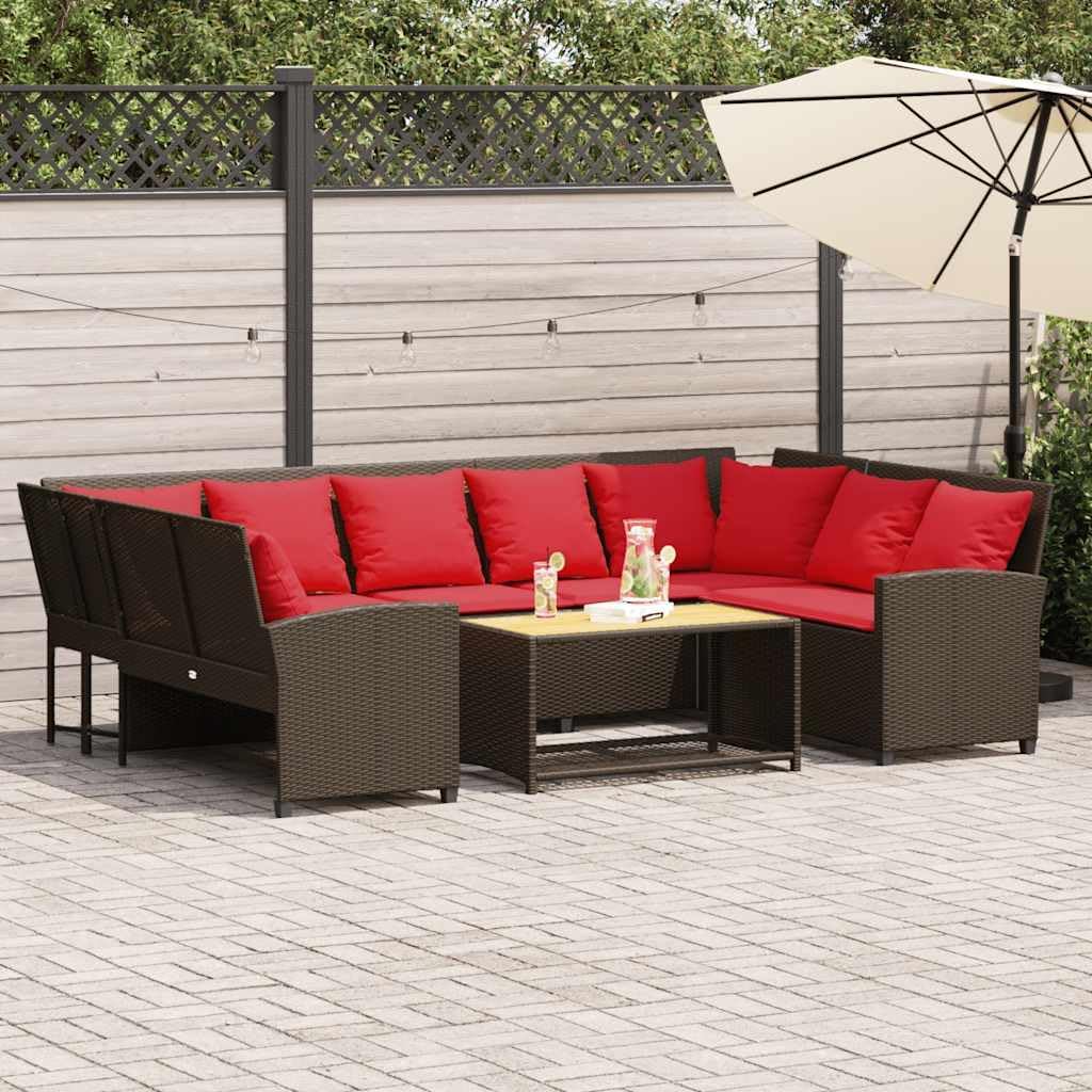 9-Piece Brown Poly Rattan Patio Sofa Set, Modular Outdoor Furniture with Red Cushions, Garden and Terrace Seating for 9 People
