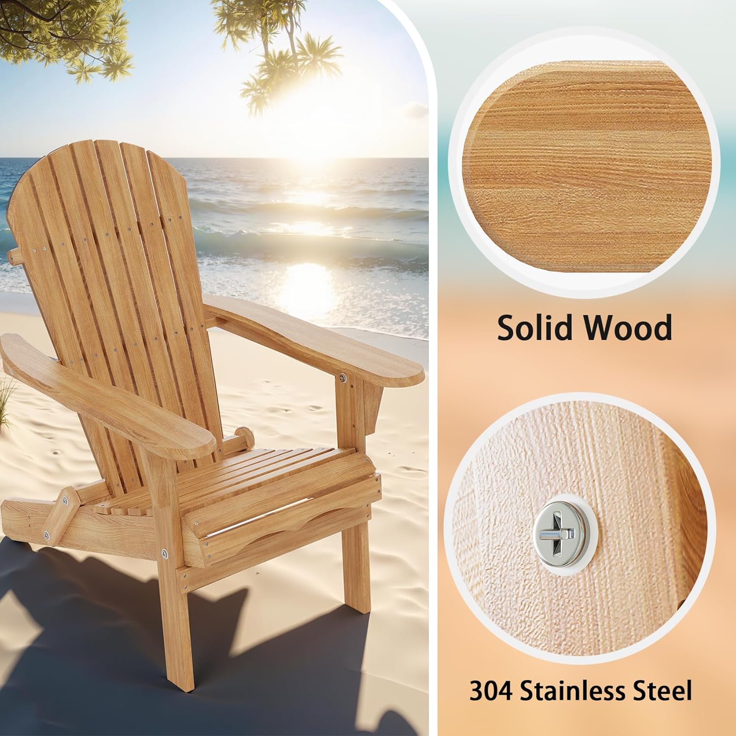 Adirondack Chairs Set of 2, Folding Wooden Adirondack Chair, Fire Pit Chairs, Outdoor Lounge Furniture for Yard, Garden, Patio (Natural)