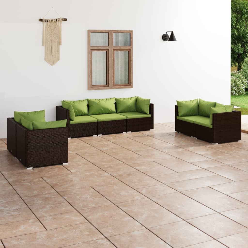 7 Piece Patio Lounge Set with Cushions Poly Rattan Brown Patio Furniture, Outdoor Furniture Sets