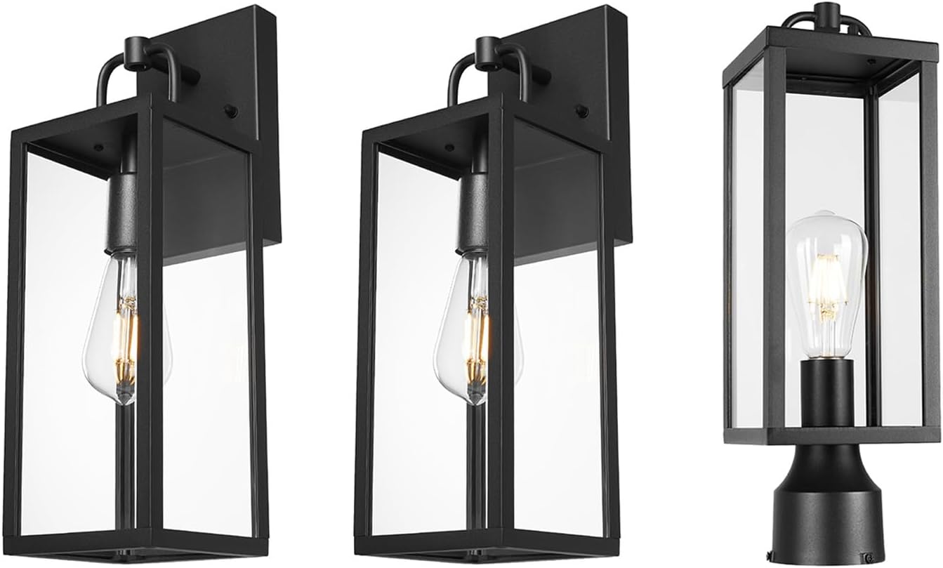 Transitional Outdoor Wall Sconce Lights, 16 Inch Tall Modern Exterior Wall Lighting and Outdoor Post Light Fixture, 16 Inch Tall Modern Exterior Square Pillar Lantern with Clear Glass