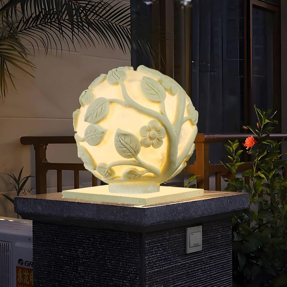 Sandstone Spherical Pillar Lamp Solar LED Fence Deck Post Cap Light IP65 Waterproof Pillar Head Lamp White Outdoor Waterproof Solar Pillar Lamp For Villa Landscape Pillar Lamp Ball Diameter 11.