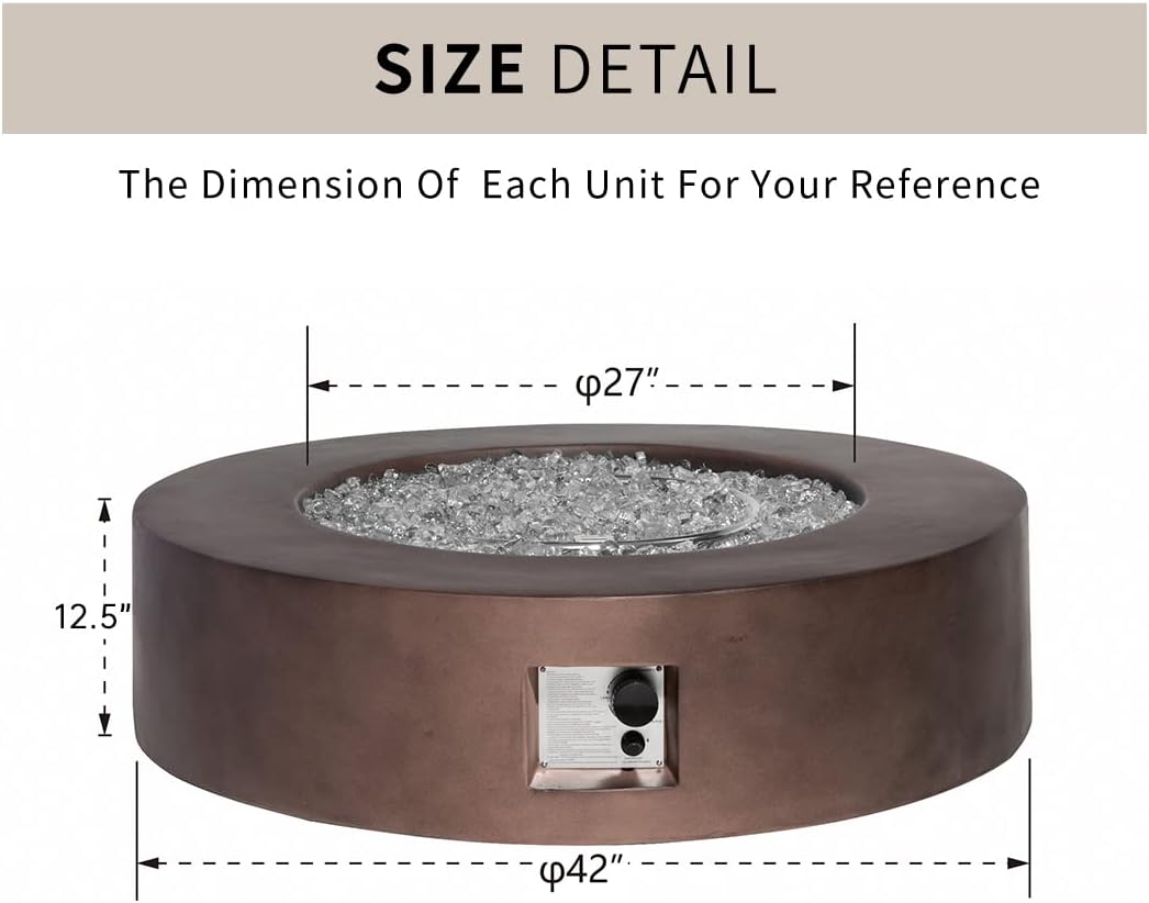 HOMPUS Propane Patio Fire Pit Table with Wind Guard, Fire Glass and Rain Cover for Outdoor Leisure Party, 50,000 BTU 42-inch Round Bronze Concrete Fire Table
