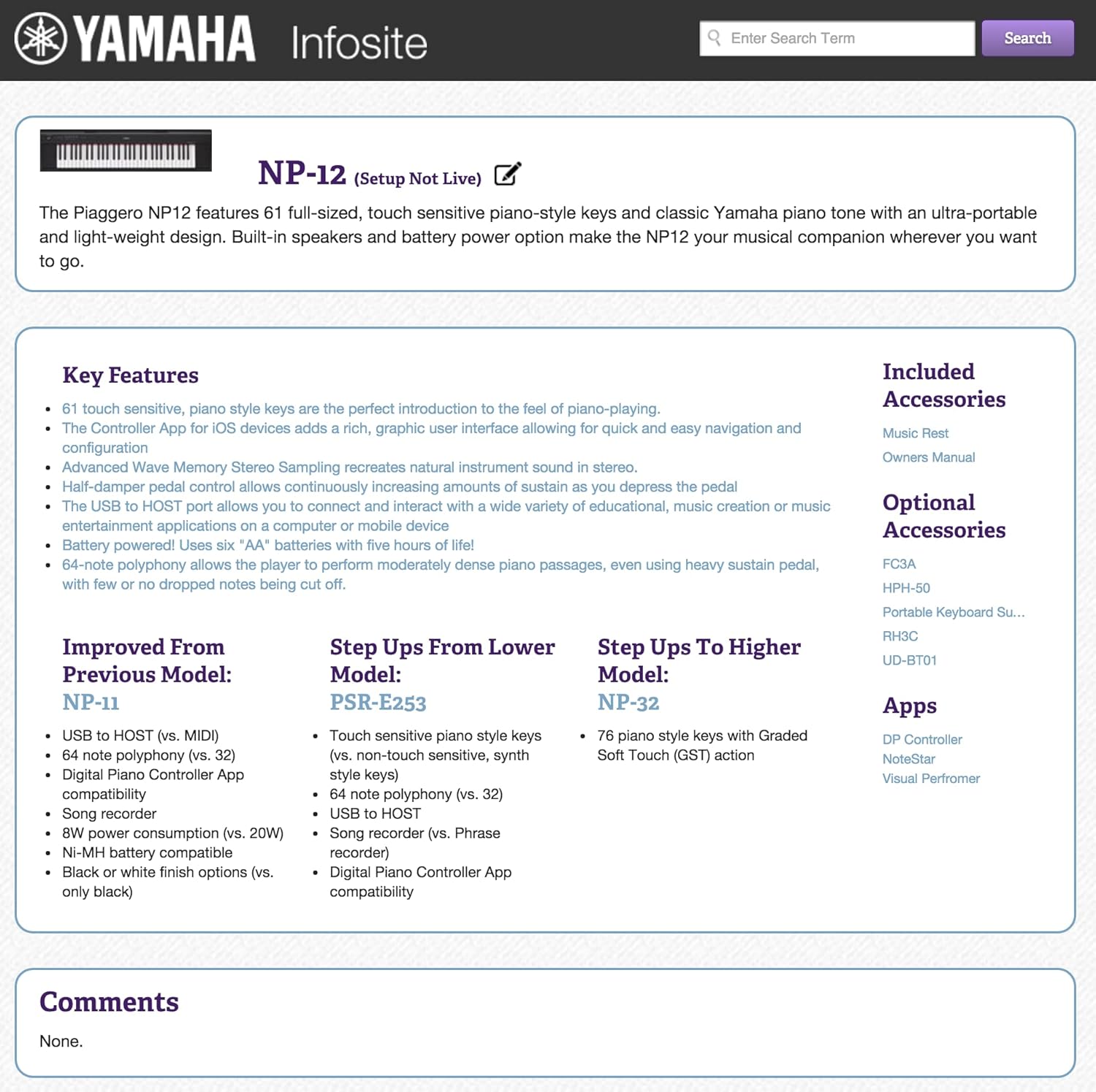 Yamaha NP12 61-Key Lightweight Portable Keyboard, White (power adapter sold separately)