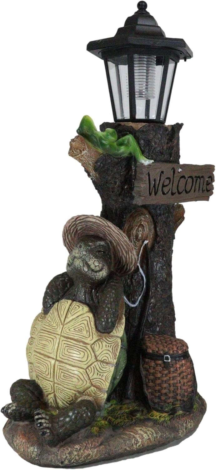 Ebros Gift Summer Holidays Under Shady Tree Sleeping Hiker Turtle Tortoise with Best Friend Toad Frog Statue with Solar Powered Lantern LED Light Patio Decor Indoor Outdoor Figurine