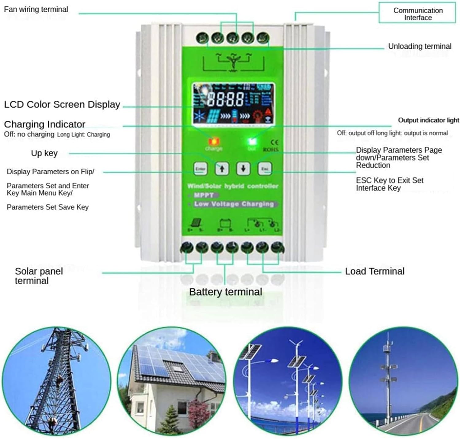 Wind Solar Hybrid Charge Controller, MPPT, LCD Charge Controller, Wind Solar Supplementary System, Wind Charger, for Solar Panel,48v