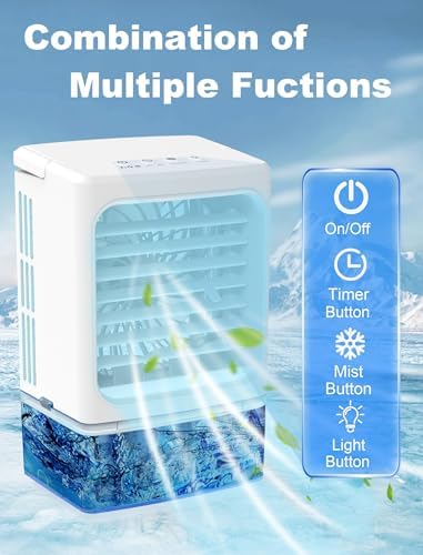 Portable Air Conditioners, 3 Wind Speeds 900 ML Water Tank Quiet Portable AC, Cool Mists Humidifier & 2/4H Timer Evaporative Air Cooler, 7 Color Light Personal Cooling Fan for Home Office Bedroom