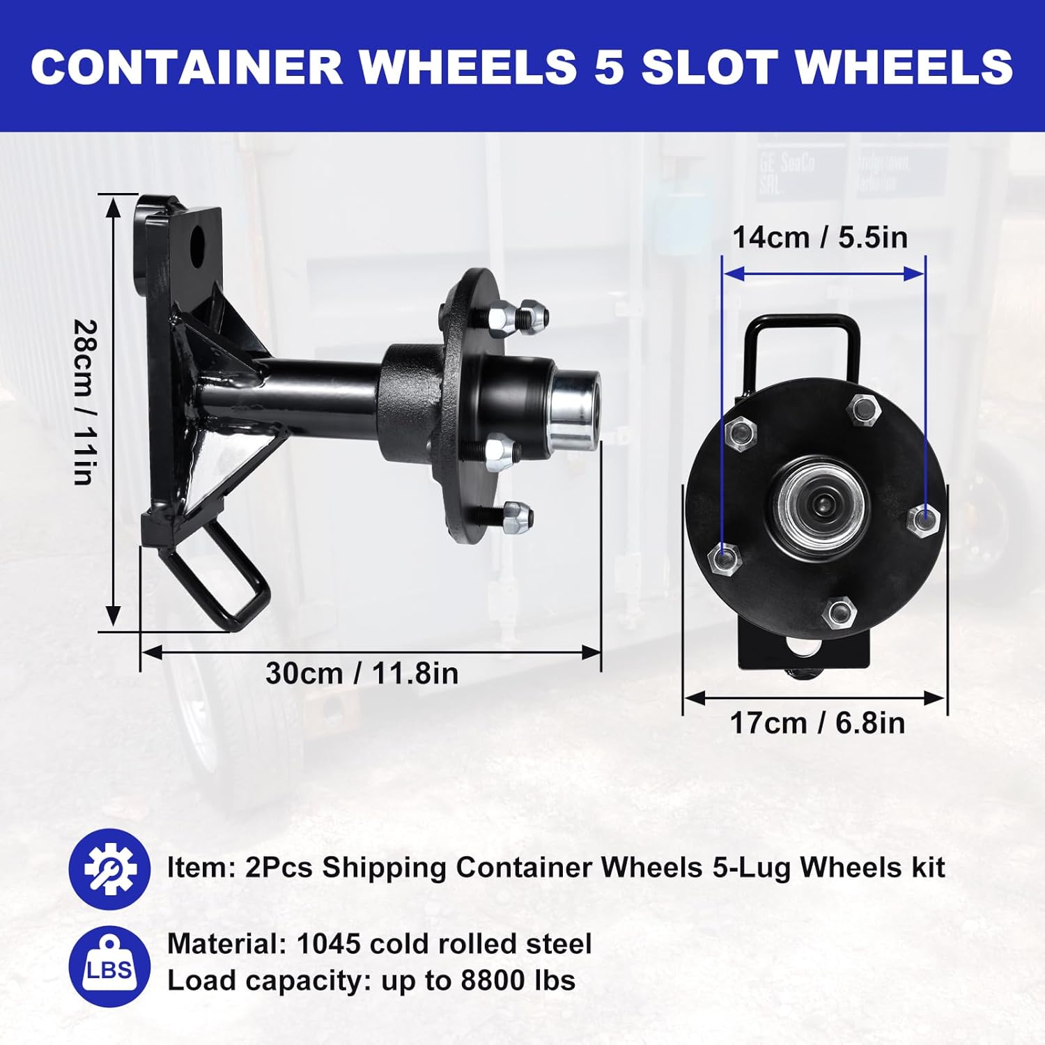 2 Pack Shipping Container Wheel Kit 5-Lug Bolt Fits Up to 20-40Ft Heavy-Duty Shipping Container Accessories Loads Up to 8800LBs Containers Moving Tools,Fully Assembled(5x5.5 Lug)